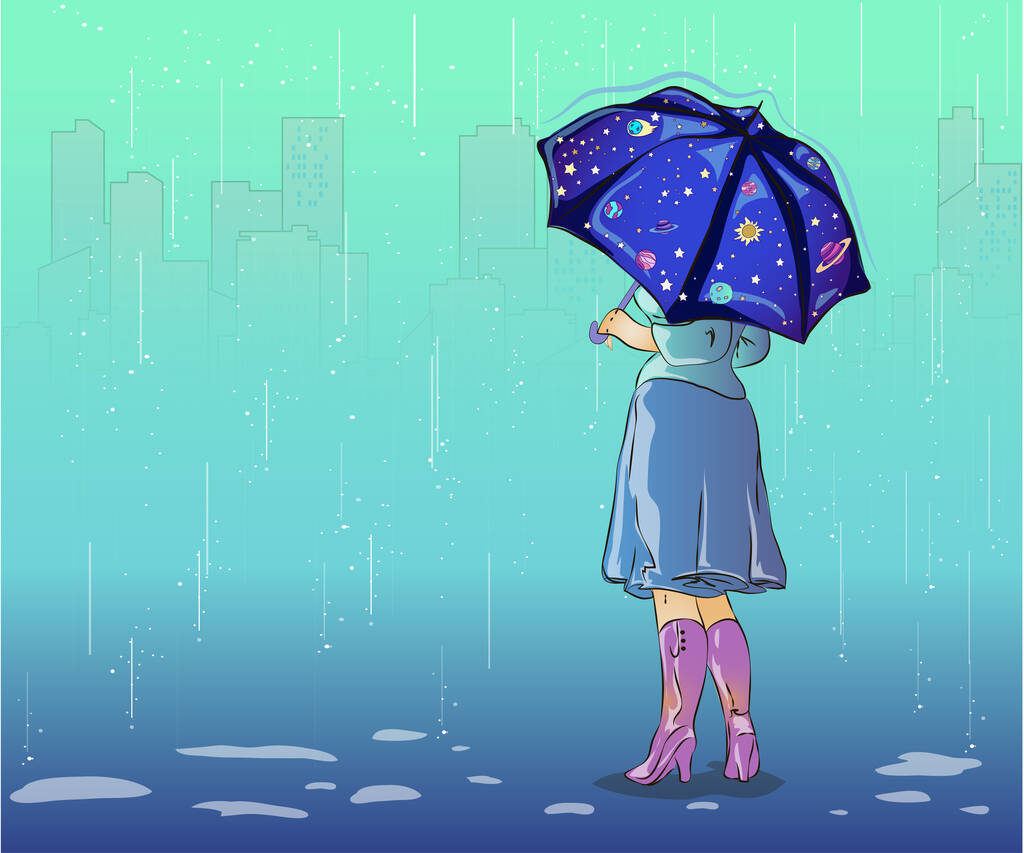 穿着夹克和高跟鞋在雨伞下行走的可敬女人。金发姑娘被白色背景隔离了秋天多雨的天气.平面卡通风格的彩色矢量